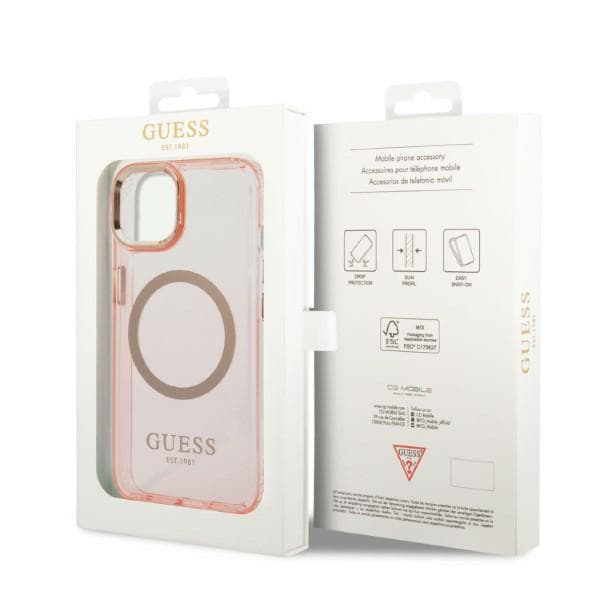 Guess Gold Outline Translucent MagSafe-etui til iPhone 14, lyserød