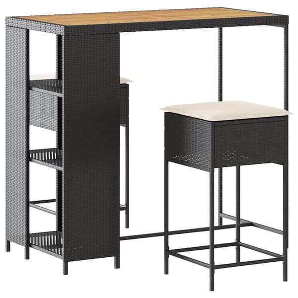 vidaXL 3-delt barsæt med hynder, sort polyrattan