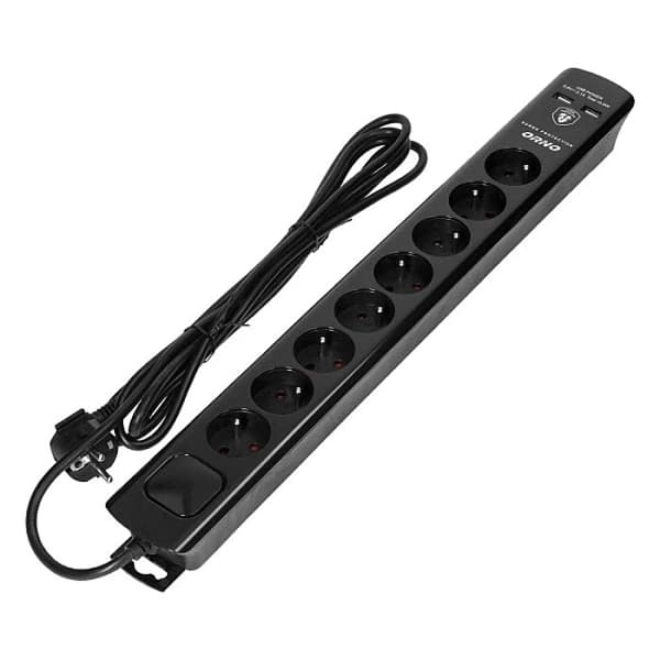 Strømskinne 8-vejs forlængerledning 2xUSB oplader 3m afbryder