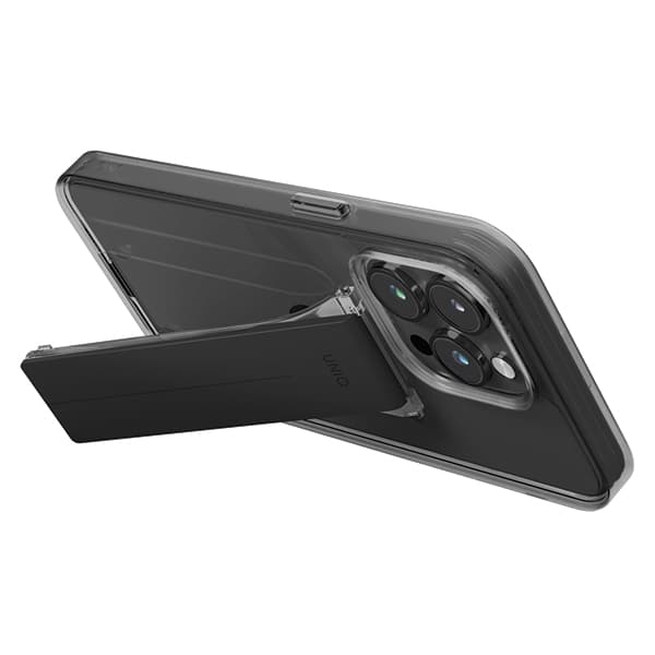 UNIQ Heldro Mount-cover med stativ til iPhone 15 Pro, røgfarvet