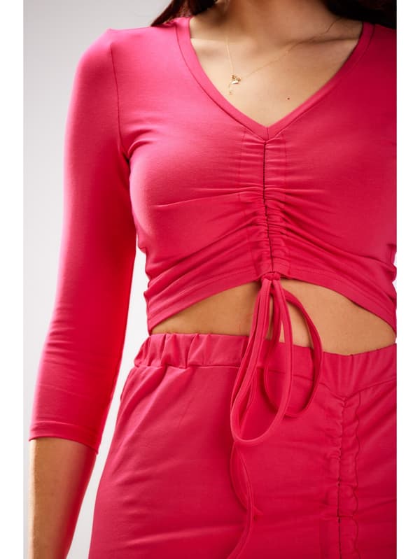Figurnära blus med ¾ ärmar och V-ringning, fuchsia S