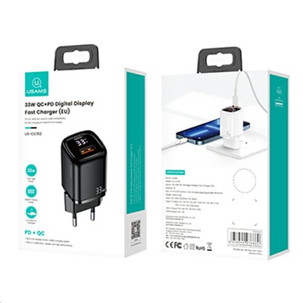 USAMS Vægoplader 1xUSB-C + 1xUSB T46 33W PD3.0 + QC3.0 Hurtigopladning sort