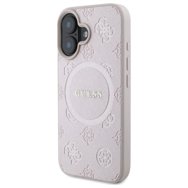 Guess Saffiano Peony Classic Logo MagSafe-etui til iPhone 16, lyserød