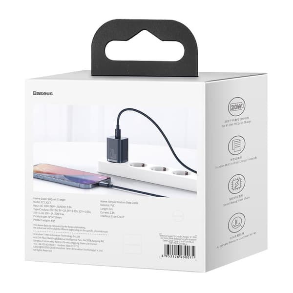 Super Si 1C Hurtigoplader USB-C 20W PD + iPhone Lightning Kabel 1m Blå