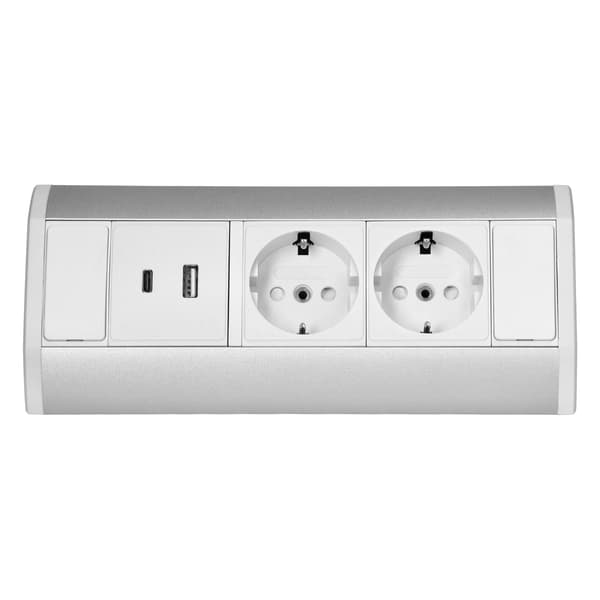 Kaapinaluspistorasia, kaksois-Schuko, 2xUSB A+C, 2.4A, valkoinen-hopea