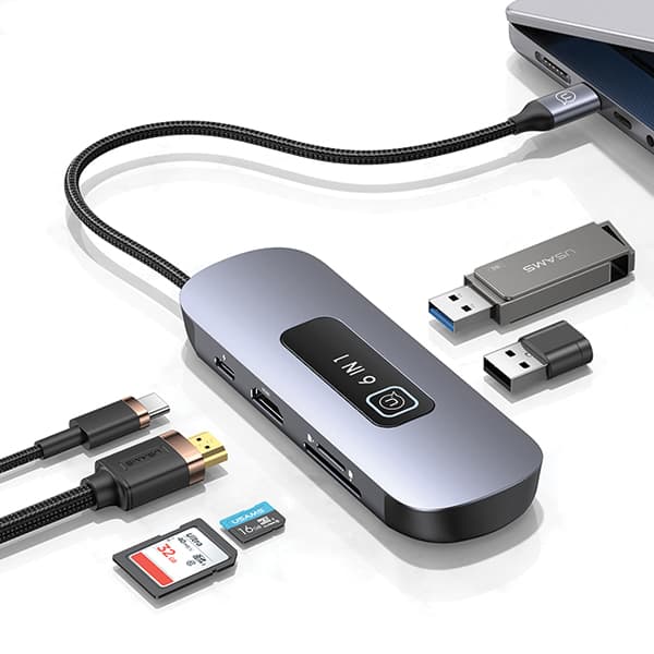 USAMS HUB 6in1 Adapter 2xUSB 3.0/TF/SD/USB-C/HDMI PD100W Grå