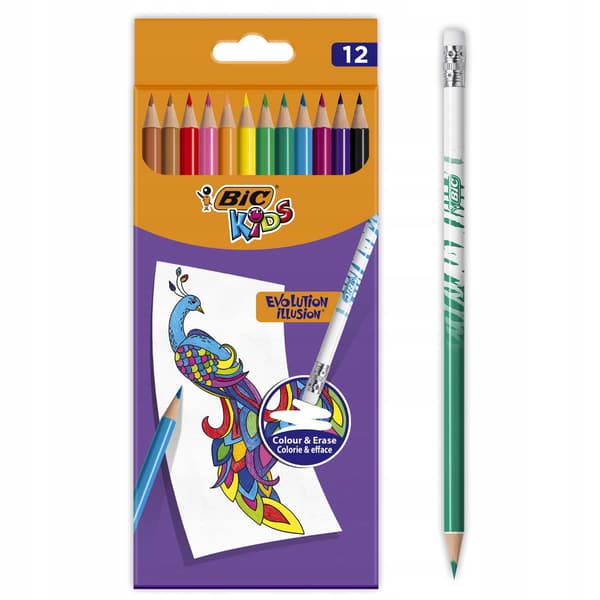 BIC EVOLUTION ILLUSION pyyhittävät väriliidut, 12 väriä, 0894