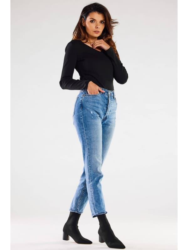 Basis bomuldsbluse med V-hals og ribstrik, sort M