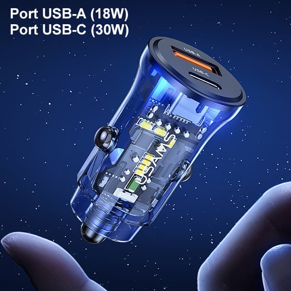 USAMS Biloplader 1xUSB+1xUSB-C C32 30W Hurtigopladning sort
