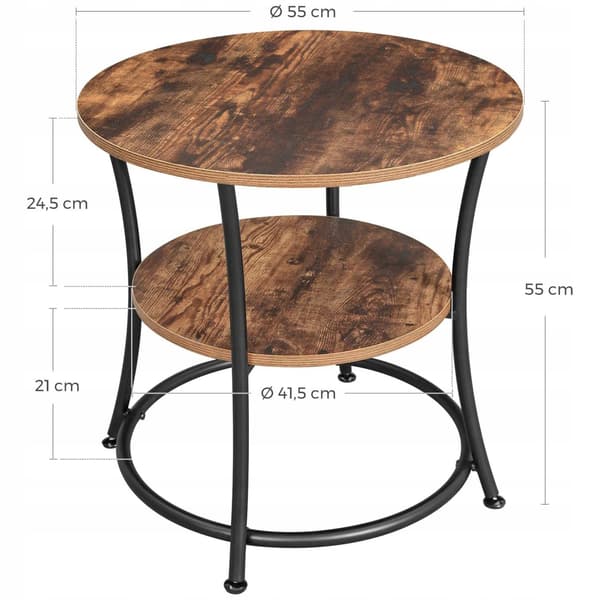 Runt soffbord i loftstil, rustikt brunt, 55 cm, med hyllplan.