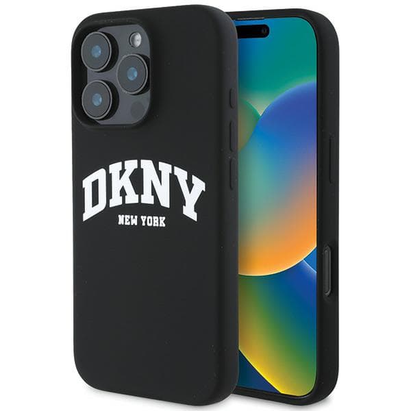 DKNY Liquid Silicone White Printed Logo MagSafe-etui til iPhone 16 Pro Max, sort