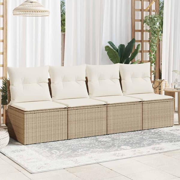 vidaXL Trädgårdssoffa med kuddar, 4-sits, beige, polyrotting