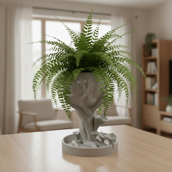 Grå dekorativ urtepotte formet som en svamp til planter, moderne design