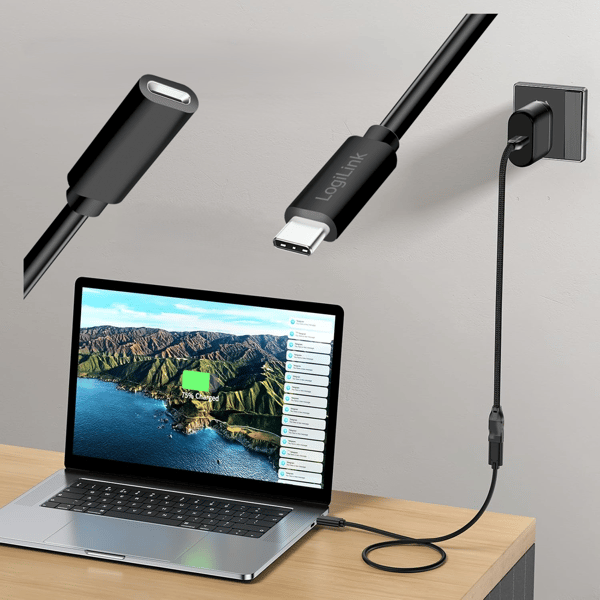 LogiLink USB-C 2.0 forlængerkabel 2m USB-C han/hun PD 100W overførsel 480 Mbps sort