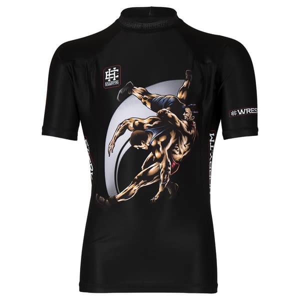 Kortærmet rashguard til børn WRESTLING 128 SORT