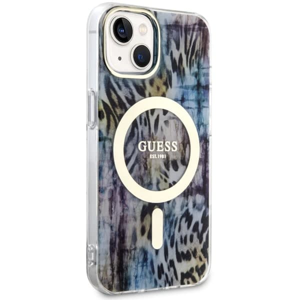 Guess Leopard MagSafe -kotelo iPhone 14:lle, sininen