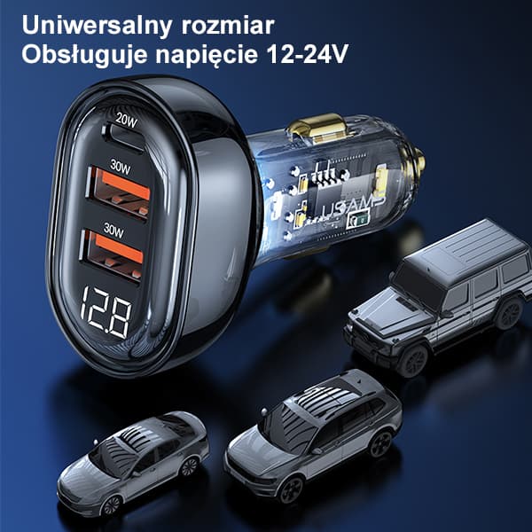 USAMS Billaddare 2xUSB+1xUSB-C 80W Snabbladdning Blå