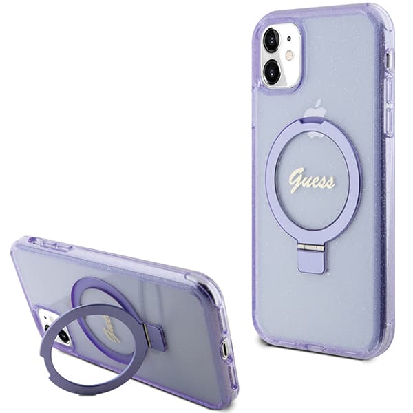 Guess Ring Stand Script Glitter MagSafe-etui til iPhone 11 / Xr, lilla/lilla