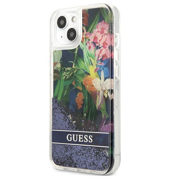 Guess Flower Liquid Glitter cover til iPhone 13 mini, blå