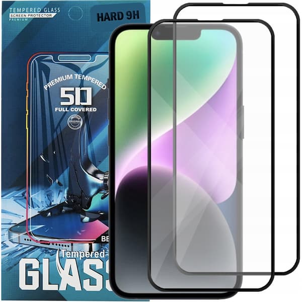 2x Härdat glas för Apple iPhone 14/16E, helskärmstäckning, 5D-glas