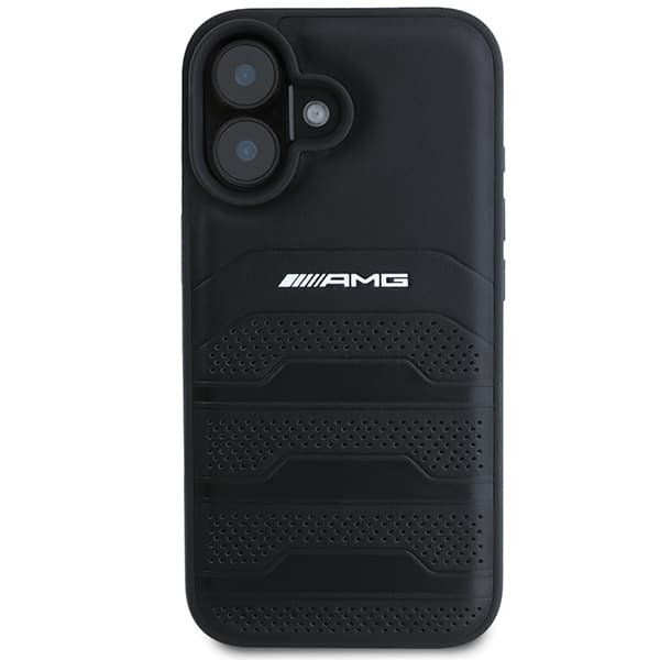 AMG lædercover med prægede linjer og sort logo til iPhone 16, sort