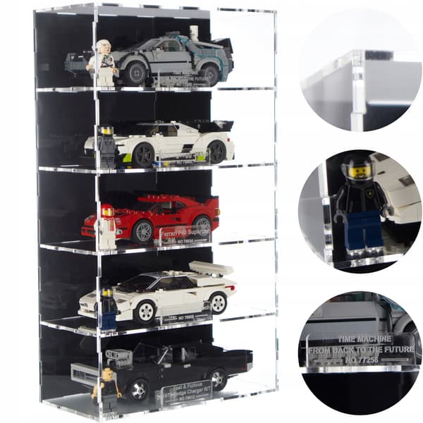 Låda med display för 5x Lego Speed Champions - namnskylt