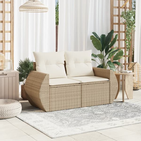 vidaXL Trädgårdssoffa med kuddar, 2-sits, beige, polyrotting