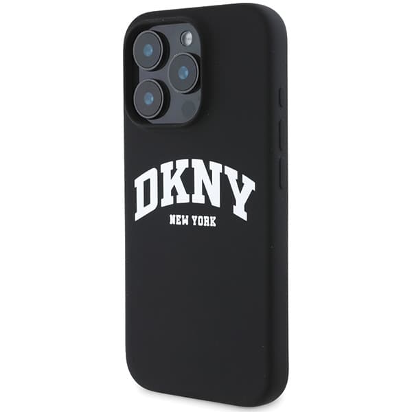 DKNY Liquid Silicone White Printed Logo MagSafe-etui til iPhone 16 Pro, sort