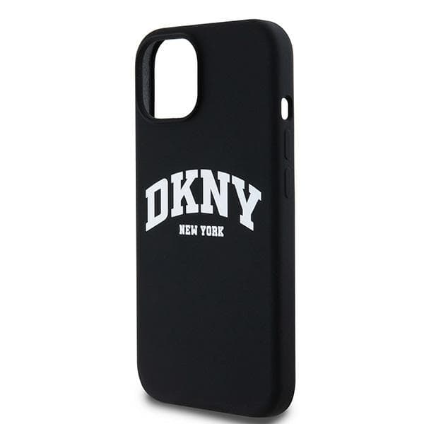 DKNY Liquid Silicone White Printed Logo MagSafe-etui til iPhone 15 Plus, sort