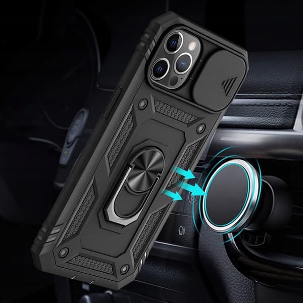 iPhone 12-fodral Slide Armor Defender svart ring + glas