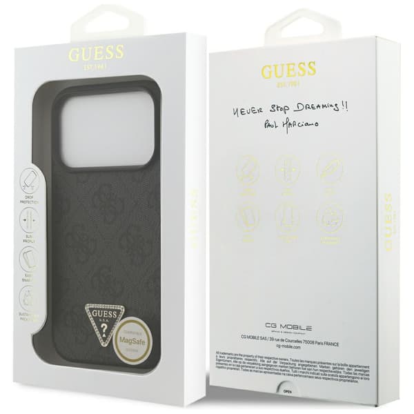 Guess Læder 4G Triangle Strass MagSafe-etui til iPhone 17 Pro, sort