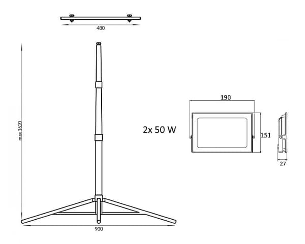 LED-projektør halogen dobbelt arbejdslampe 2x50W IP65 + stativkabel 3m