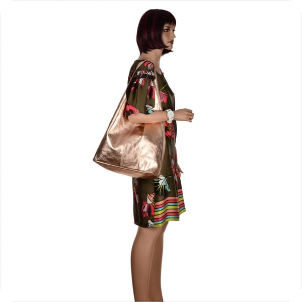 Læder shopper taske, rosaguld metallic