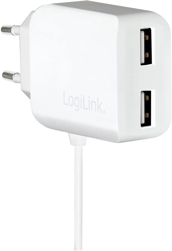 USB-väggladdare 10,5W 2x USB-A + micro-USB-kabel LogiLink 1m vit