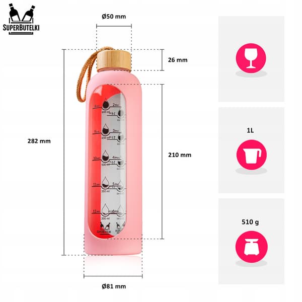 1000 ml glasvattenflaska med silikonfodral (rosa)