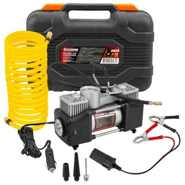 Bilkompressor 12V dobbeltstempelkompressor 65l/min med manometer, kuffert