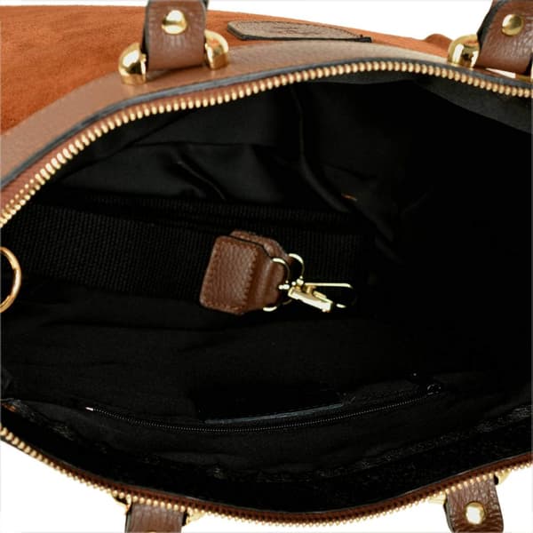 Elegant læderhåndtaske, brun, cognac, ruskind