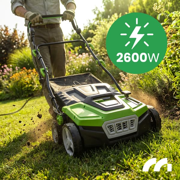 Elektrisk vertikalskärare, luftare, 45 l korg, arbetsbredd 38 cm