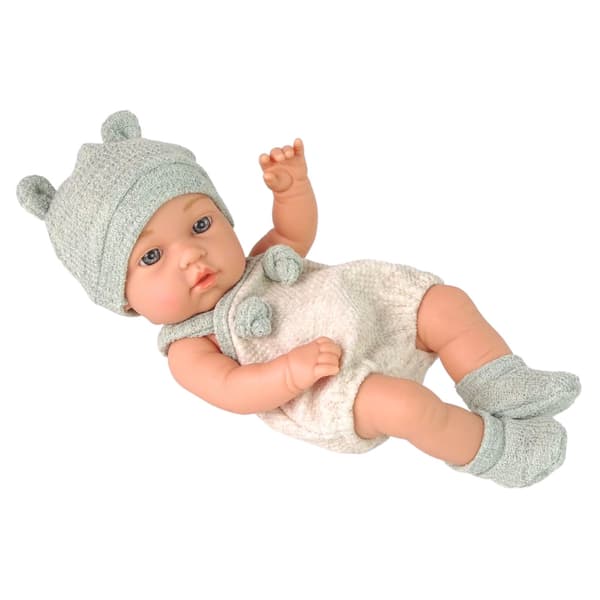 Babydocka, grå outfit, mössa, haklapp, 18 cm