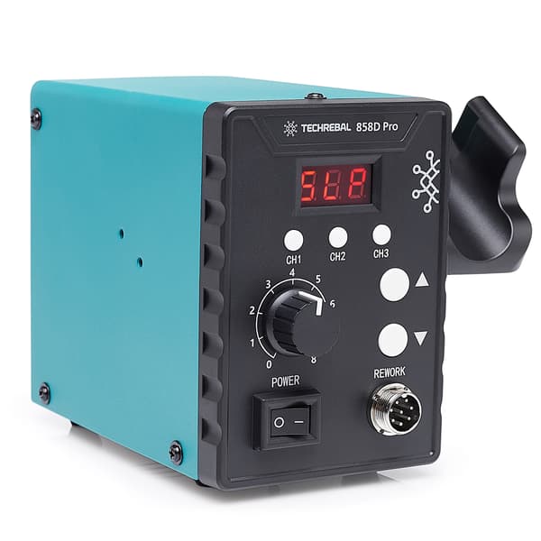 TECHREBAL 858D Pro varmluftloddestation + PP sort loddetin 100g + støddyse
