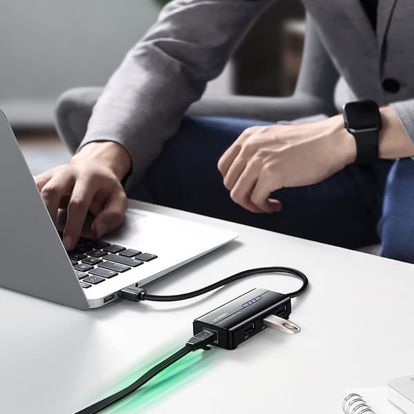 HUB Netværksadapter USB-A - RJ45 1000 Mbps / 3x USB 3.0 sort