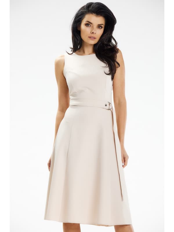 Elegant midikjole med stropper og bælte, beige XL