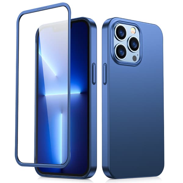 Cover til iPhone 13 Pro Max, bag- og forcover + hærdet glas, blå