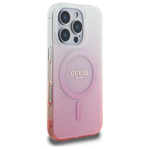 Guess IML Glitter Gradient MagSafe-etui til iPhone 16 Pro, lyserød