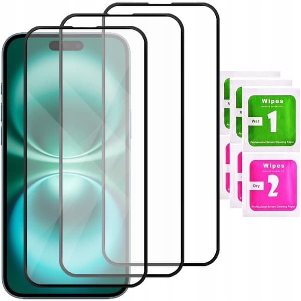 3x helskärmsglas för Apple iPhone 16 Plus, härdat glas, 5D