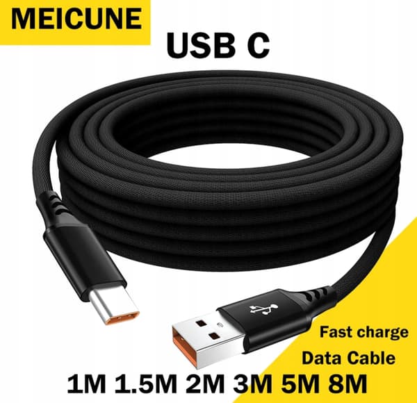 Sort 8 meter 6A USB-A til USB-C kabel 8m. 6 ampere