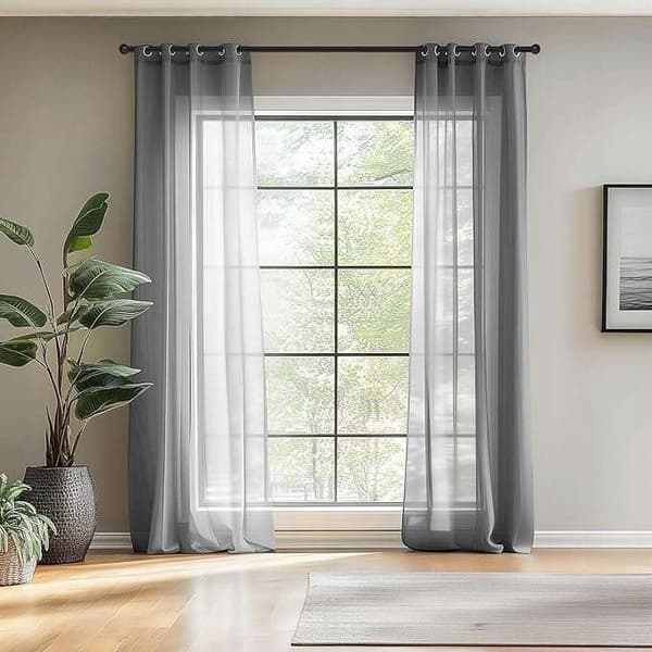 Färdig gardin 140 × 165 cm 2 st. mörkgrå transparenta öljetter