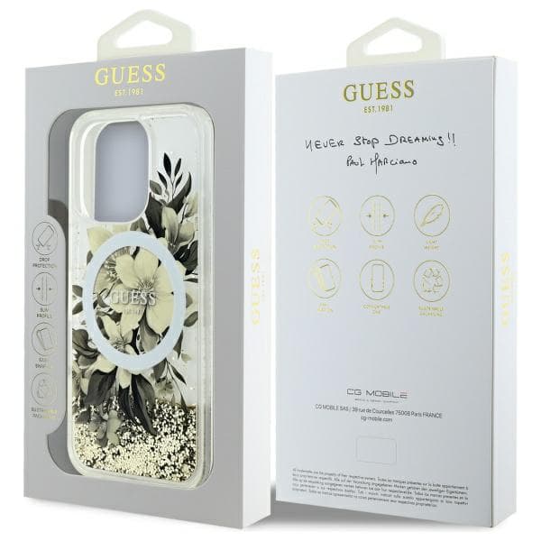 Guess Liquid Glitter Flower MagSafe-etui til iPhone 16 Pro, Beige