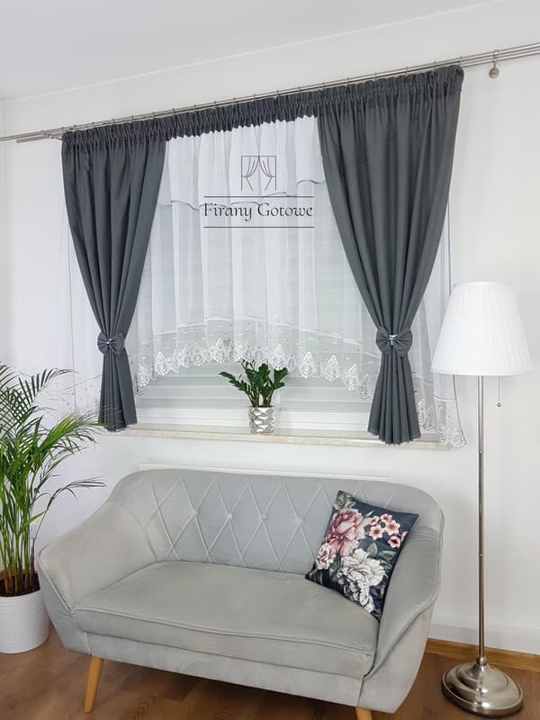 Färdig gardin med draperier och lambrequin - grå