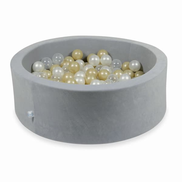 Tør pool 90x30cm fløjlsblød lysegrå med 200 bolde: transparent, lys guld, perlemor